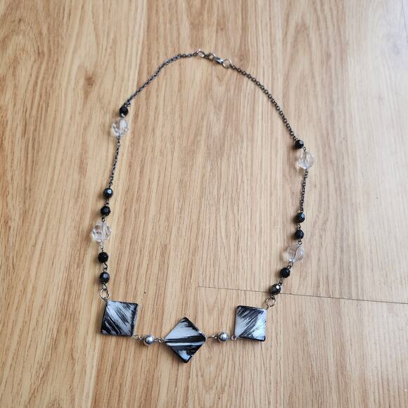 Black White Acrylic Geometric Bead Necklace Clear Crystal Gunmetal Statement - Picture 7 of 8